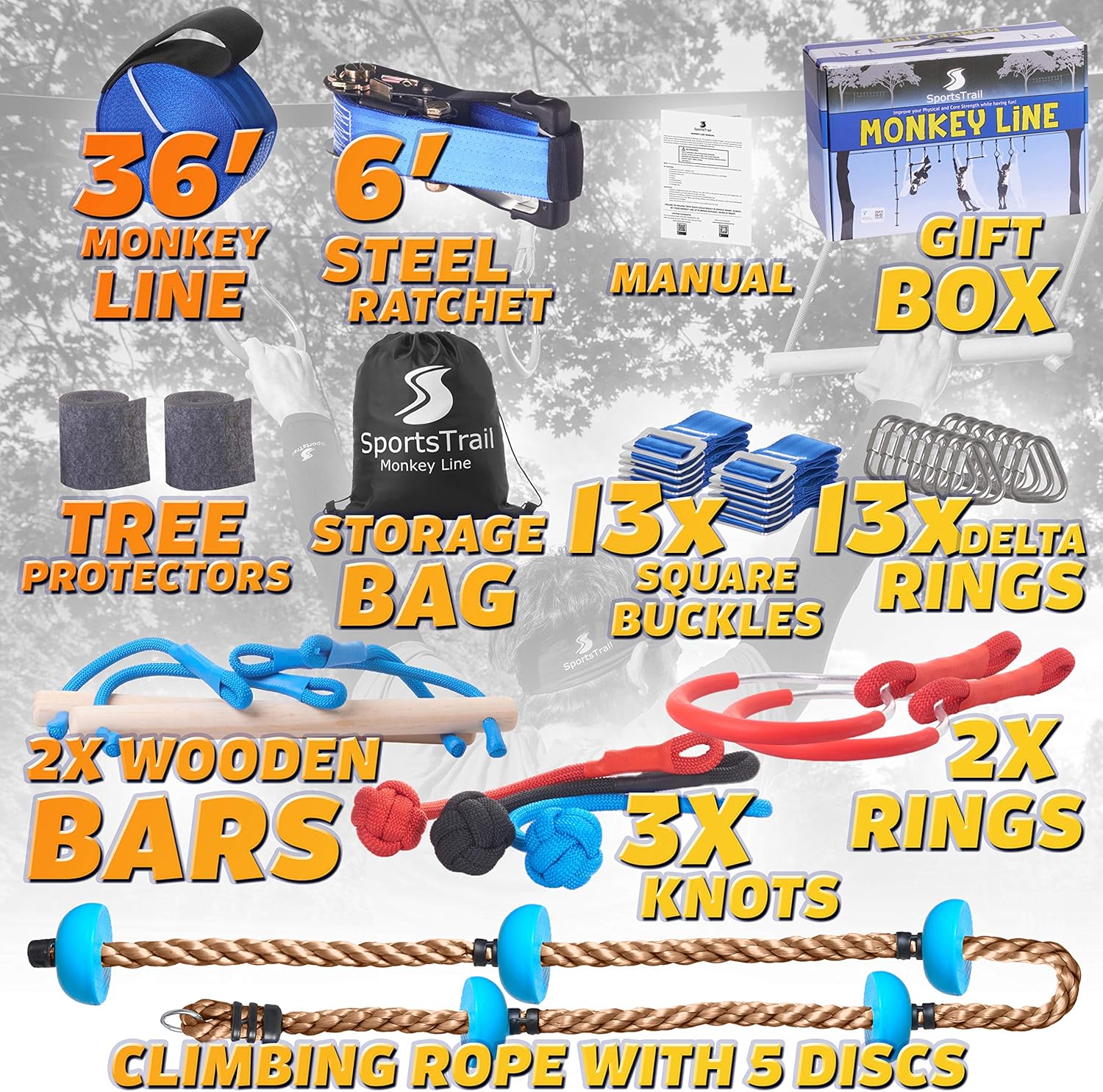 Ninja Slackline Monkey Bars Kit, 42' Jungle Gym Obstacle Course for Kids and Adults + Climbing Rope, Warrior Training Obstacle Course Equipment, Slackline Gymnastic Bar, Tree Protector & Carry Bag : Sports & Outdoors