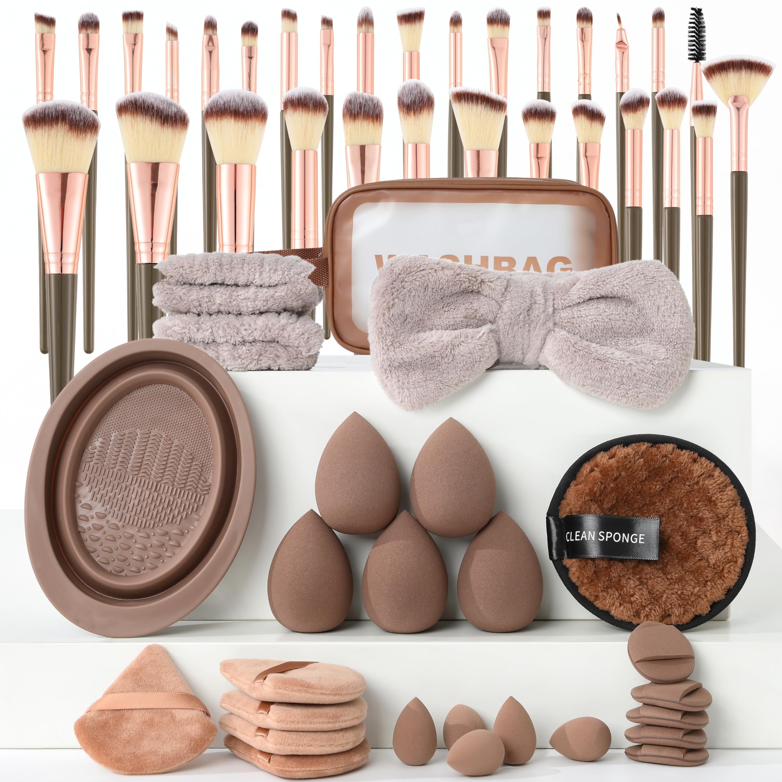 Photo 1 of Makeup Brush Set for Foundation Concealer Eyeshadow and Travel, Include Make Up Brush, Sponge, 56PCS Brown