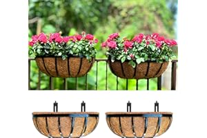 LÁLÁGREEN LaLaGreen Deck Railing Planter Boxes (16 Inch, 2 Pack) Black Metal Rectangular Hanging Planters with Coco Liner, Adjustable Flower Planter Box Brackets for Plants Fence Balcony Patio Porch Over Rail