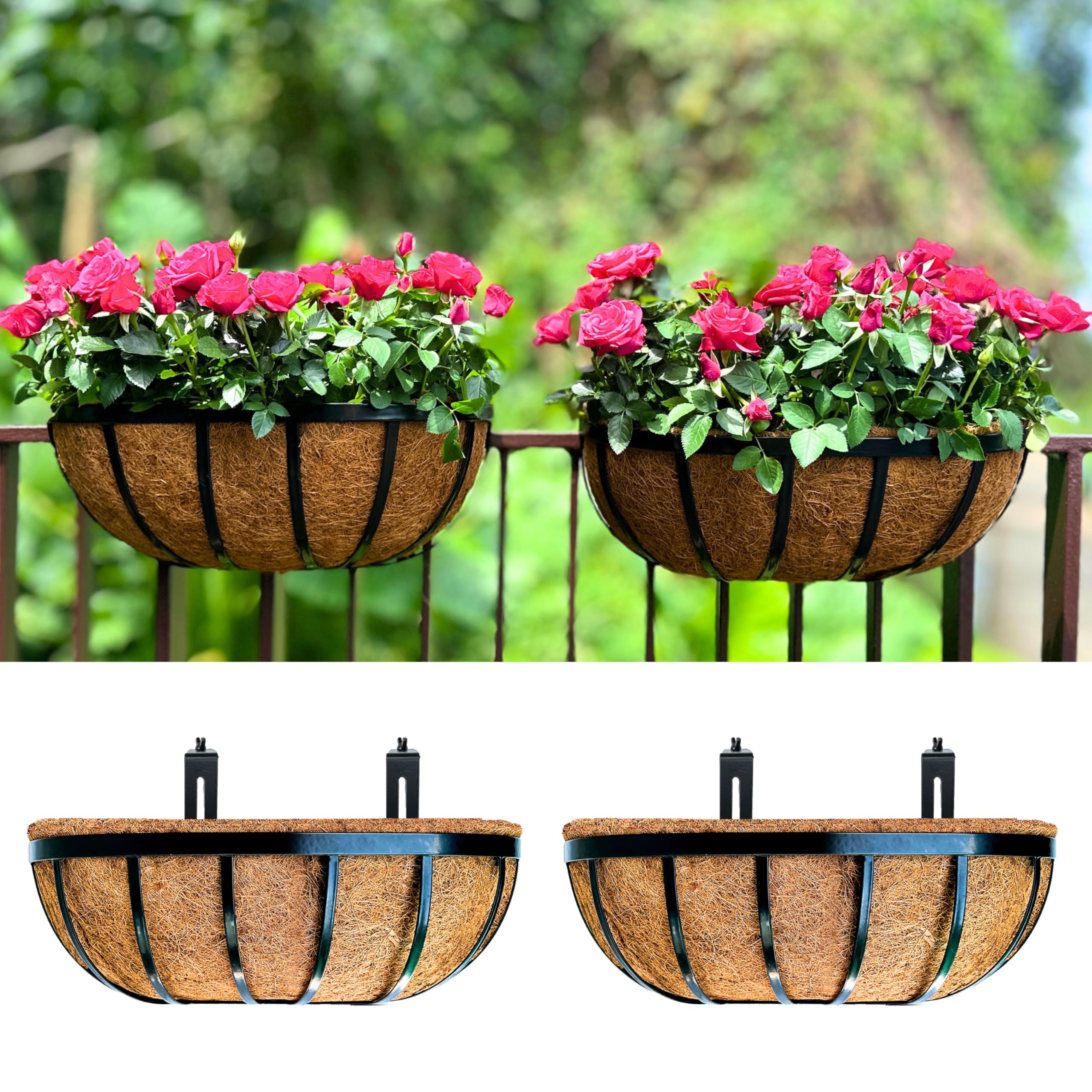 Photo 1 of ***********MISSING MOUNTING BRACKETS***************
LaLaGreen Deck Railing Planter Boxes (16 Inch, 2 Pack) Black Metal Rectangular Hanging Planters with Coco Liner, Adjustable Flower Planter Box Brackets for Plants Fence Balcony Patio Porch Over Rail