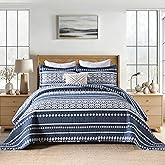 BCOTTOND Quilt Set 100% Cotton Boho Striped King Quilt,Navy Blue Quilt King Size Bohemian Pattern King Bedspread Lightweight All Season 3 Piece