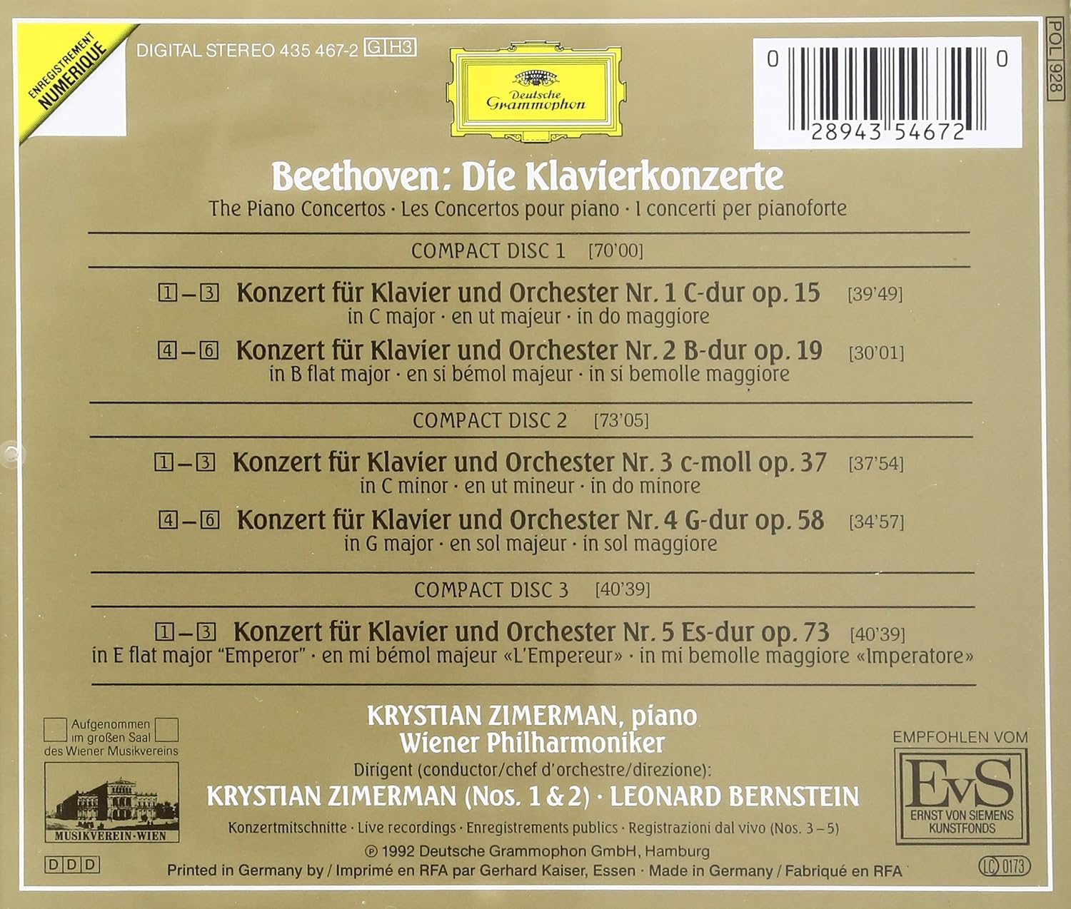 Ludwig Van Beethoven Leonard Bernstein Wiener Philharmoniker Krystian Zimerman Beethoven The Piano Concertos Amazon Com Music