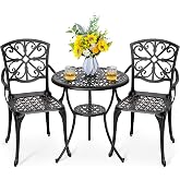 NUU GARDEN 3 Piece Outdoor Bistro Set Cast Aluminum Bistro Table Set Patio Table and Chairs with Umbrella Hole for Backyard, Balcony, Front Porch, Black