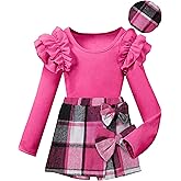 Hevemexy Girls Clothes Ruffle Sleeve T-shirt Top and Bowtie Plaid Skort Set with Hat 3PCS Girls Fall Outfits 5-14 Years