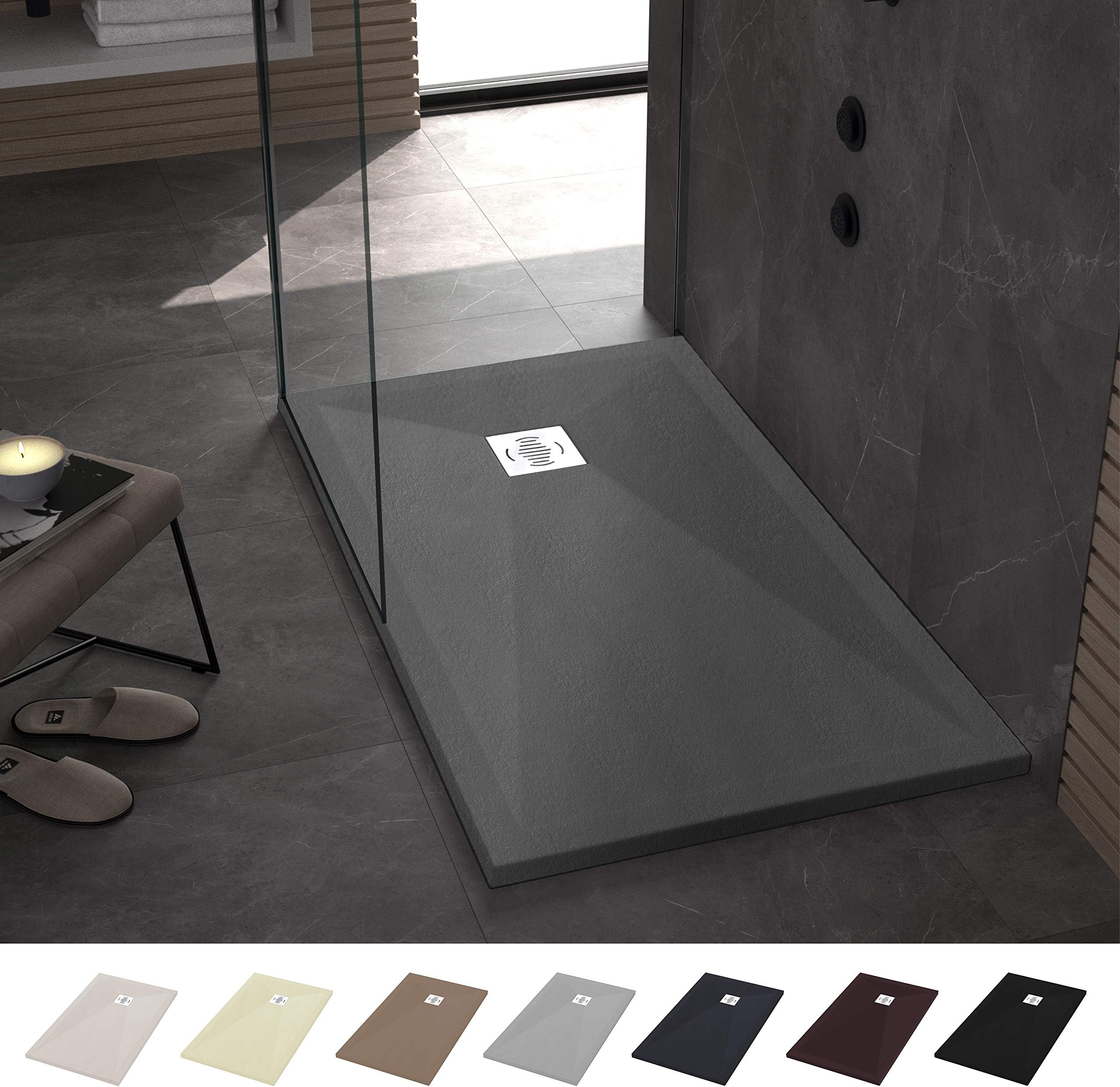 Crocket Stone Resin Shower Enclosure Tray - Shower Base Lightweight, Slate Effect and Anti-Slip - All Sizes Available - Includes Siphon and Grille - Cement Gray 7005-800 x 900