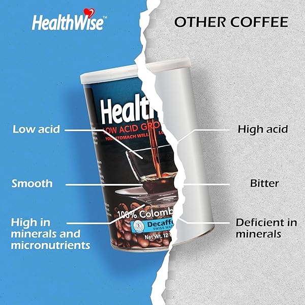 HEALTHWISE LOW ACID DECAFFEINATED GROUND COFFEE, CHEMICAL-FREE SWISS WATER PROCESS, 99.9% CAFFEINE FREE, 100% COLOMBIAN – MEDIUM ROAST, HEALTHIER COFFEE FOR SENSITIVE STOMACHS 12 OUNCE (PACK OF 1)