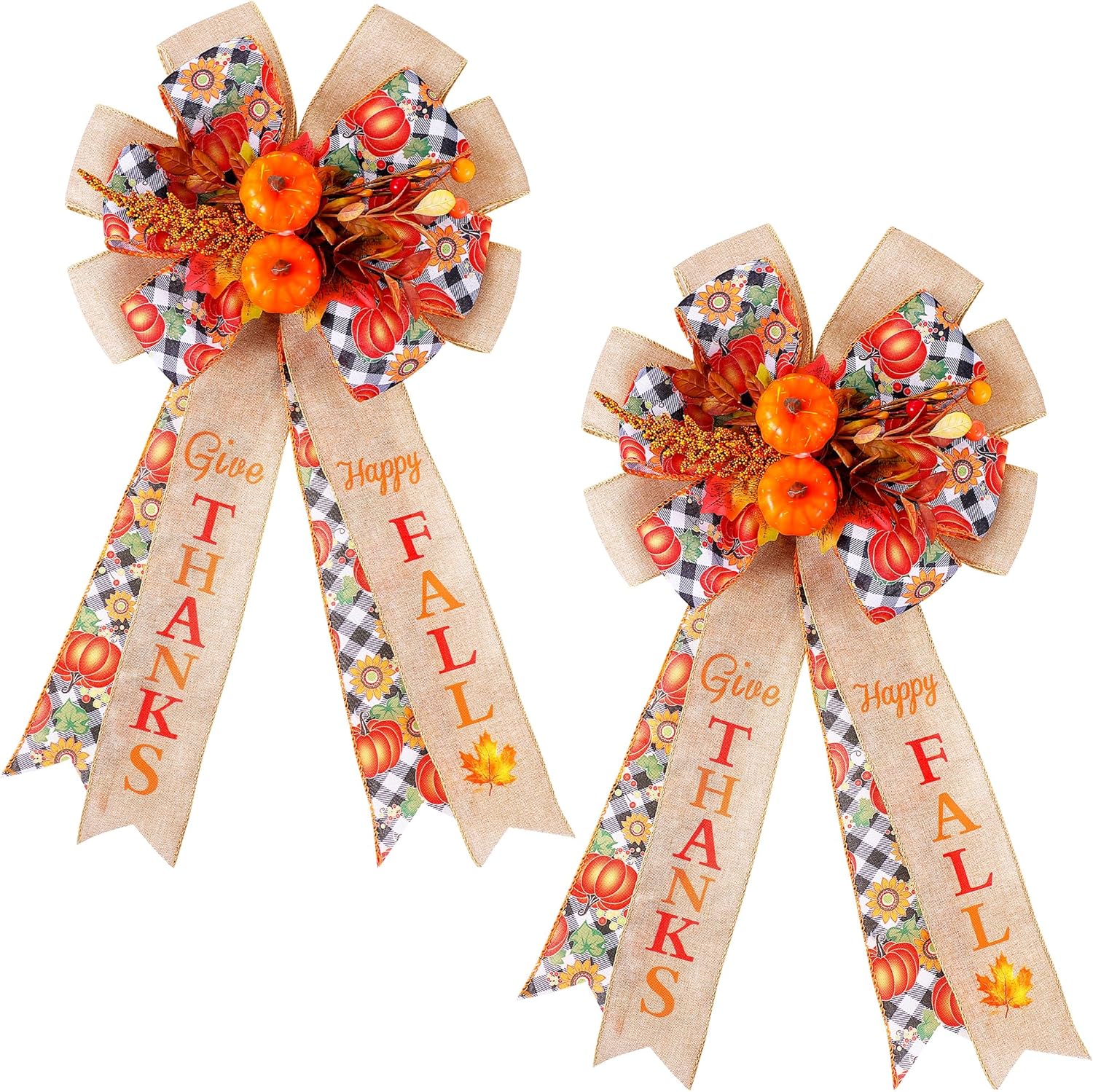 Bows & Ribbons - Hiboom 2 Pack Large Fall Thanksgiving Bows Decor, 20 x 12'' Burlap Orange Pumpkin Maple Leaf Berry Fall Wreath Bows, Thanksgiving Wreath Decoration for Tree Topper Front Door Wall