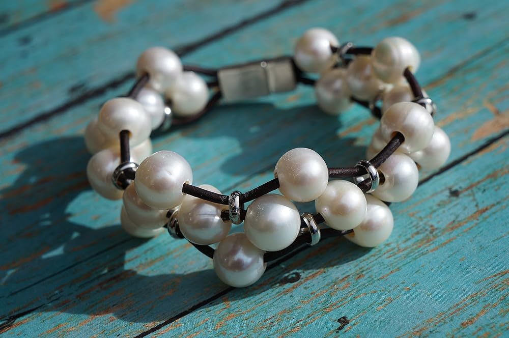 Leather and Pearl Cuff Bracelet Handmade