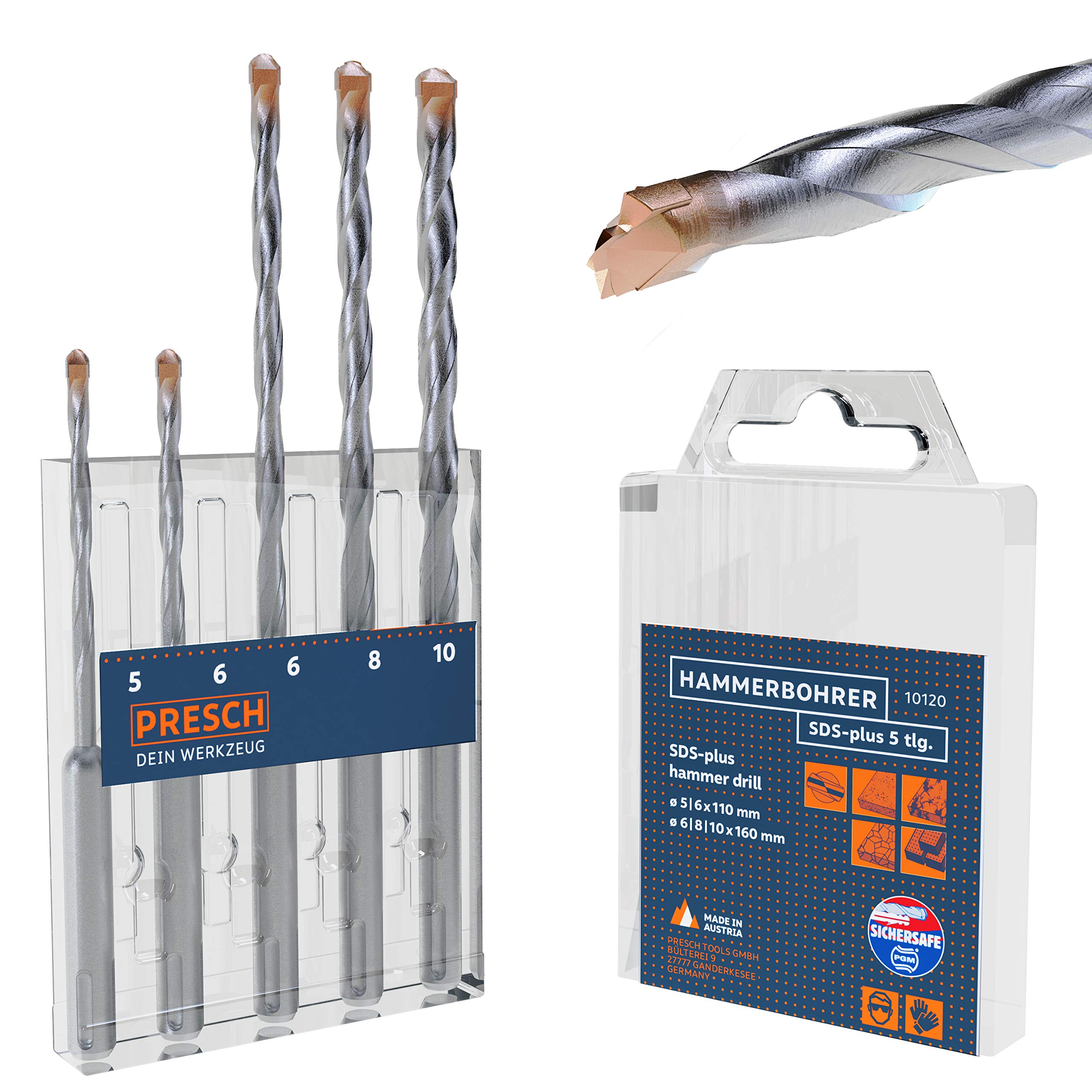 PRESCH 5 pcs SDS-plus Carbide Drill Bit Set - Hammer Drill Bit Set SDS for Concrete, Stone, Granite, Brick and Masonry - SDS Drill Bits - Concrete Drill Bit SDS Plus - Ø 5-10mm
