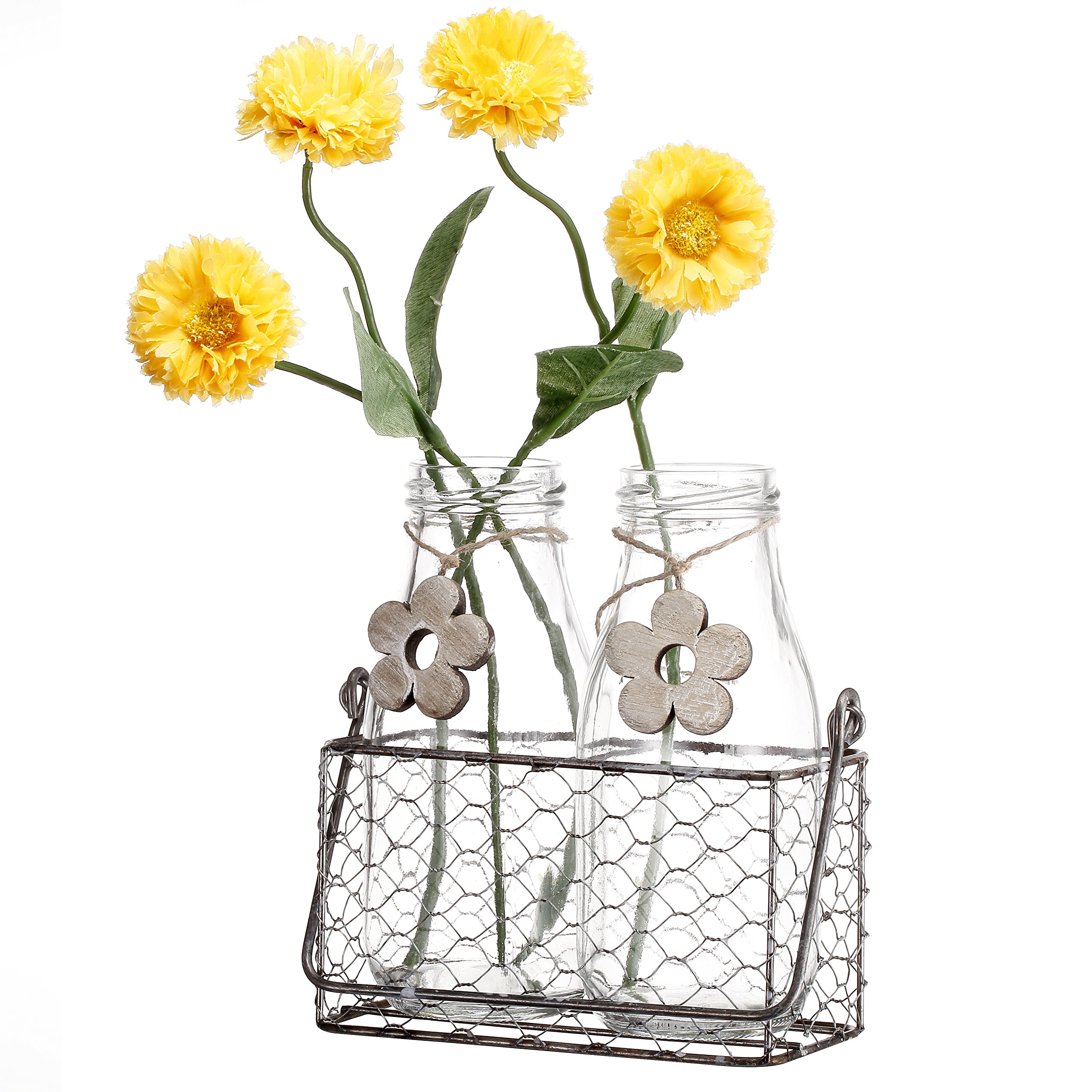 VMore Rustic Glass Milk Bottle Flower Bud Vase with Chicken Wire