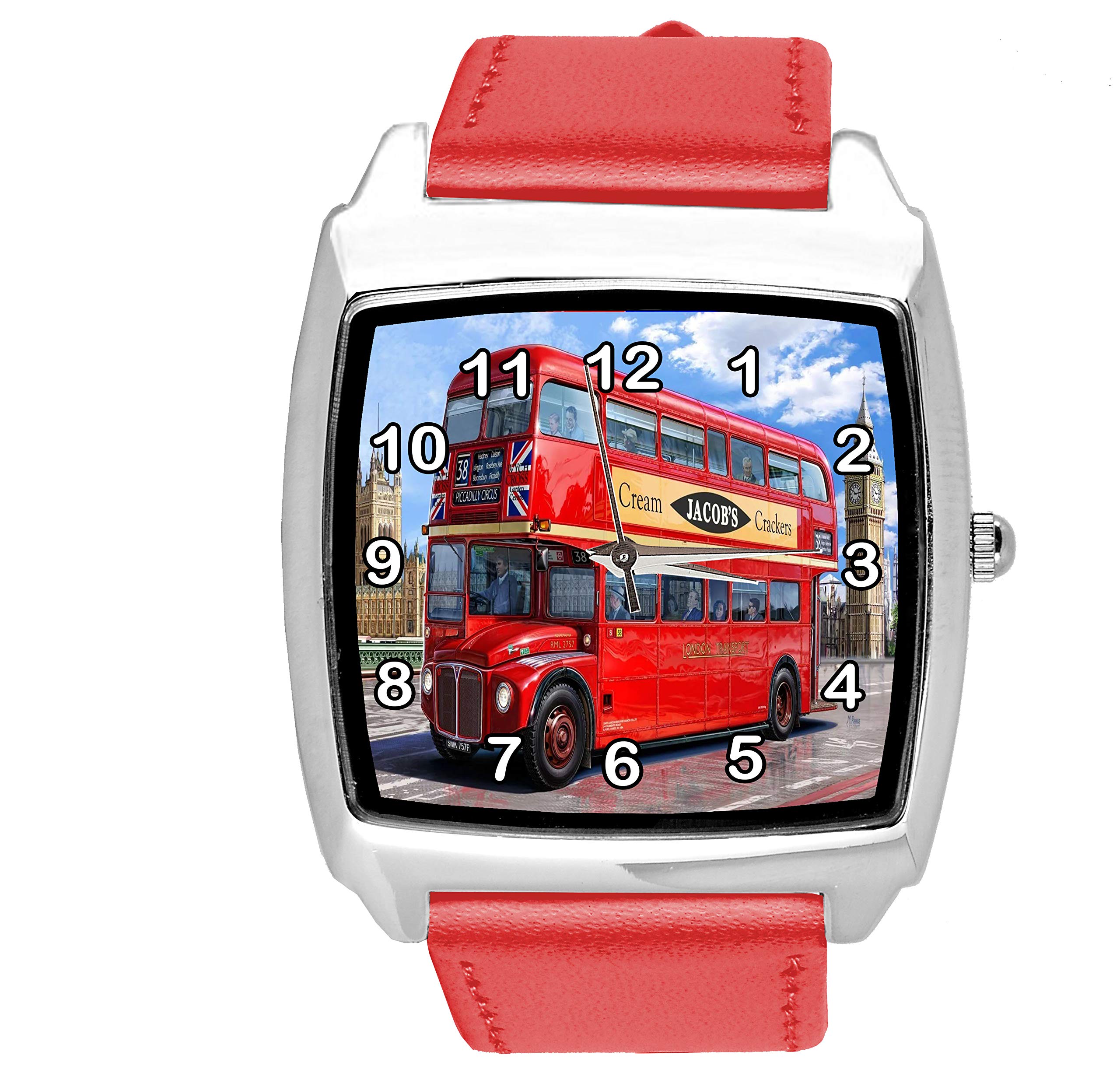 TAPORT® RED Leather Square DIAL Watch for London Bus Fans