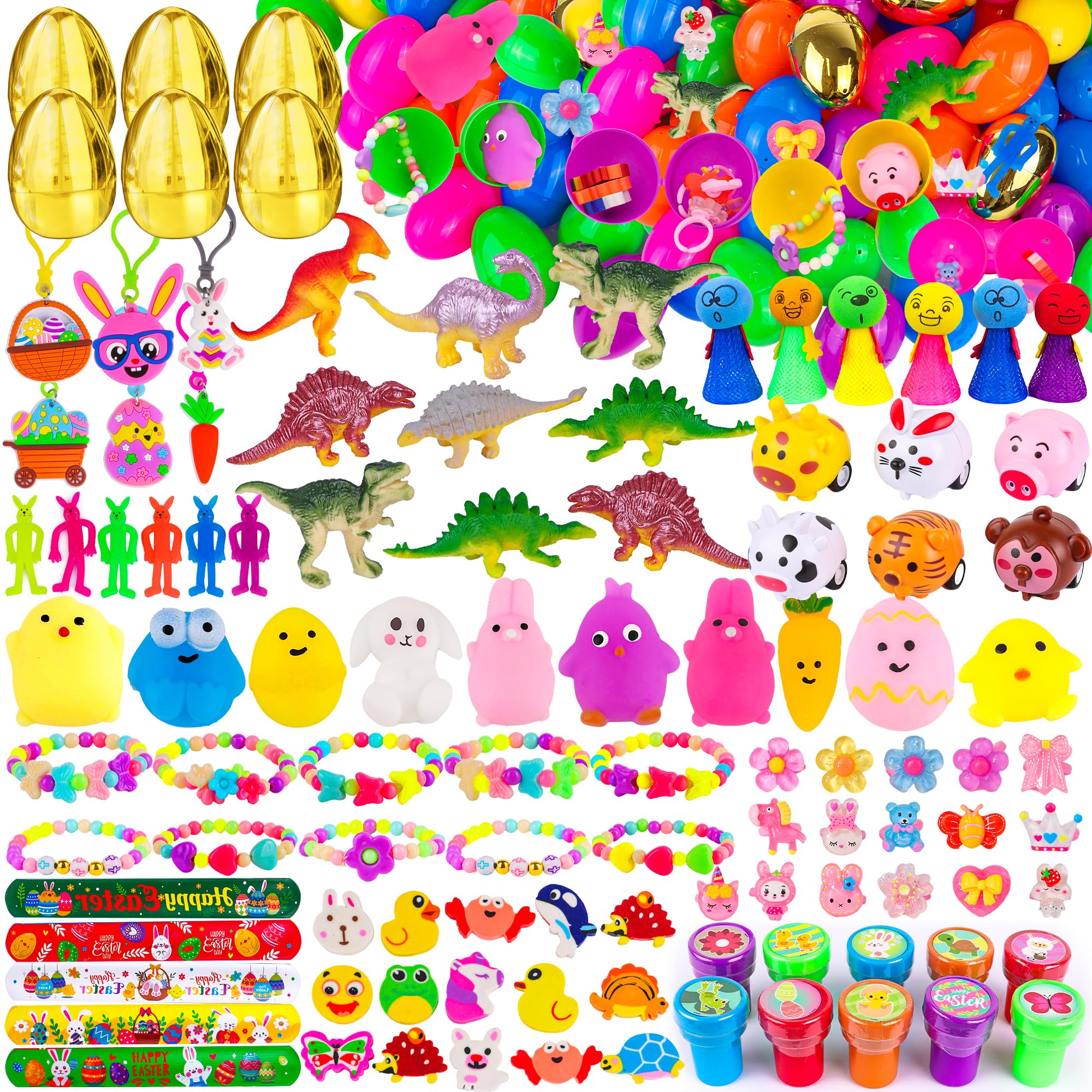 [ 6 Surprise Golden Eggs ] 100 Pack Prefilled Easter Eggs with Assorted Toys Inside, 100 Plastic Easter Eggs Fillers with Fidget Toys, Easter Party Favors Easter Basket Stuffers for Kids Boys Girls