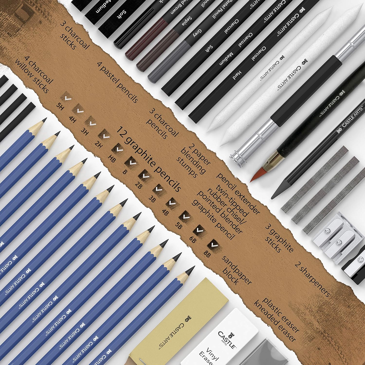 Castle Art Supplies Graphite Drawing Pencils and Sketch Set (40-Piece Kit), Complete Artist Kit Includes Charcoals, Pastels and Zippered Carry Case, Includes Rare Pop-Up Stand