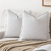 YEENAASY Throw Pillow Covers 18x18 Set of 2 Striped Fringe Pillow Cover Farmhouse Cushion Covers with Tassel Neutral Boho Pillows Decorative Square Pillowcase for Couch Sofa Bed, Blue