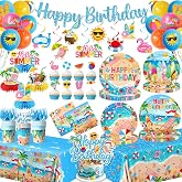 Beach Birthday Decorations Hello Summer Party Tableware Disposable Paper Plates,Napkins,Tablecloth,Cups,Balloon,Cake Topper,Banner for Hawaiian Summer Pool Themed Birthday Party Supplies,Serve 24