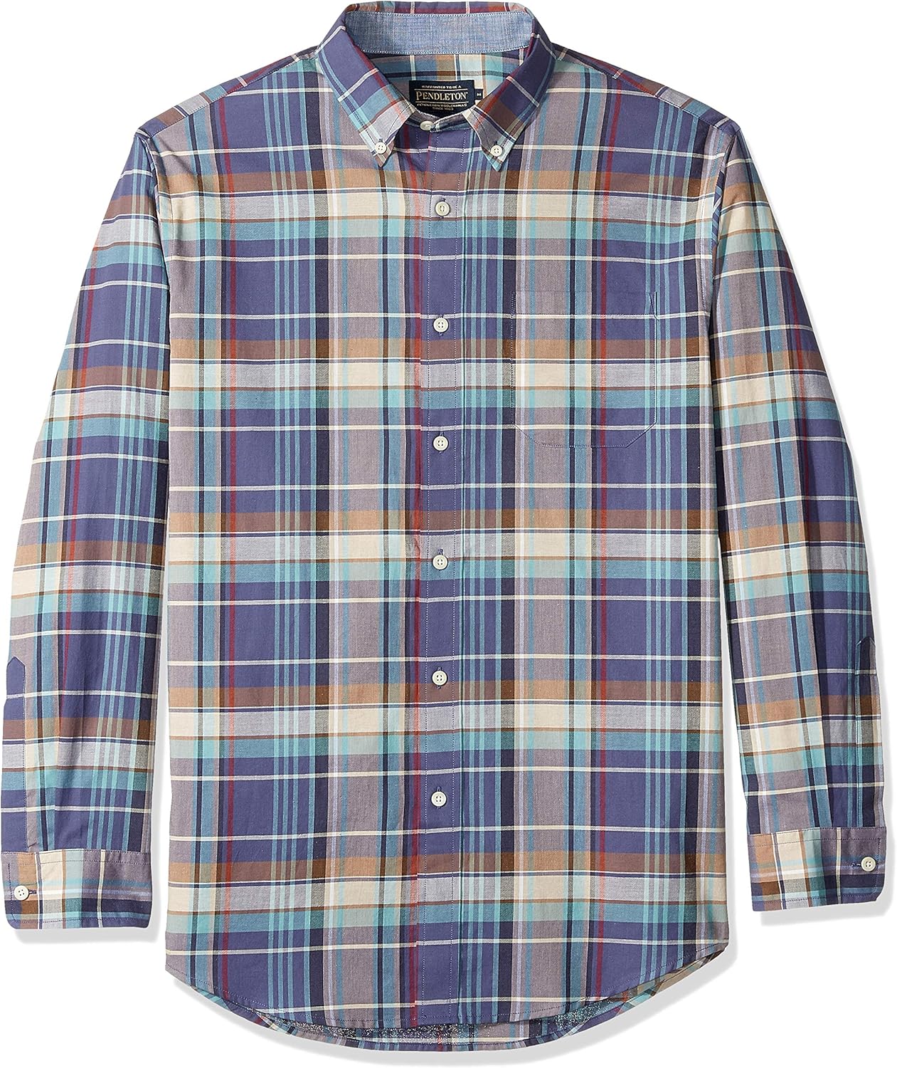 Pendleton Men's Long Sleeve Woven Button Front Madras Shirt, Navy/Brown