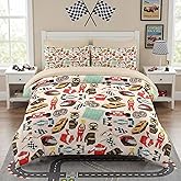 Pamnest Comforter Set Twin Size, Racing Car Competition 5 Pcs Bedding for Kids and Adults, Race Game Cute Wheel Bed Sheet Sets with Fitted Sheet Pillowcase & Sham for Bedroom Bed Decor