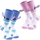 Disney Stitch Slipper Socks with 3D Ears, Pack of 2 Fleece Anti Slip Bed Socks Christmas Secret Santa Gifts for Women Teens