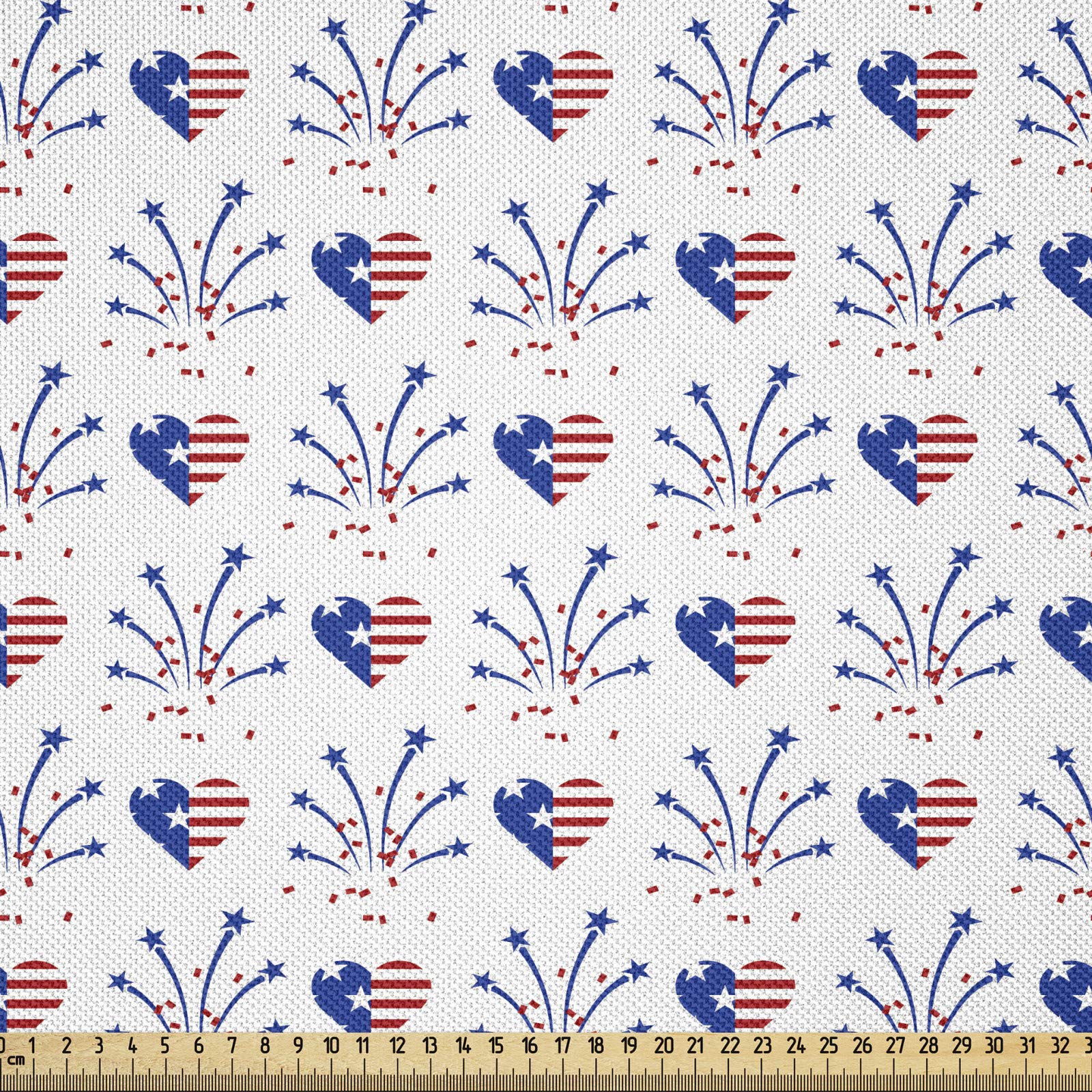 ABAKUHAUS 4th of July Fabric by the Yard, Rockets and Hearts Celebration Freedom of the United States Flag Design, Satin Fabric for Home Decor Textiles and Crafts, 1M (148x100cm), Red Royal Blue