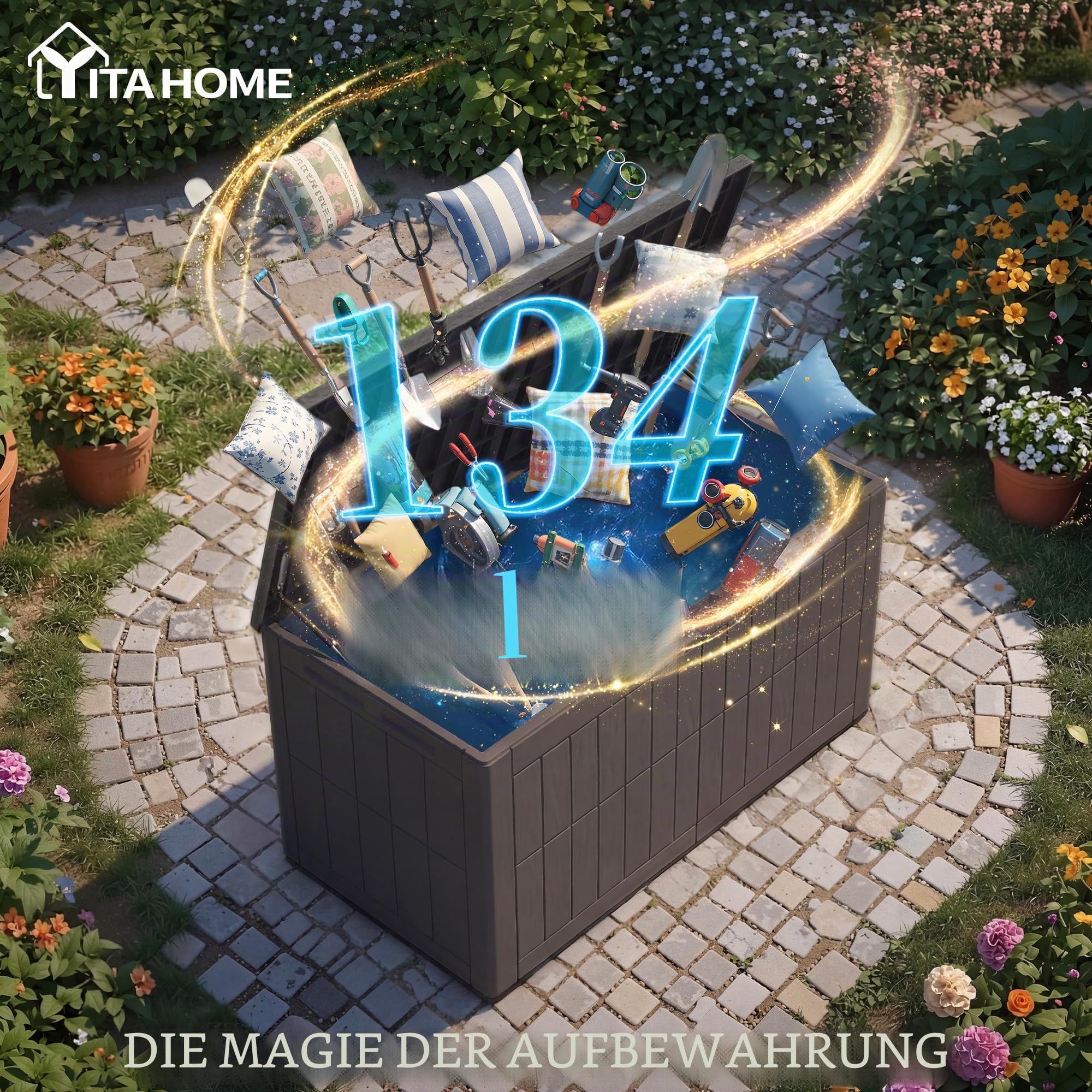 YITAHOME Außenspeicherbox 450L wasserdichte Deckbox für Gartengeräte Terrassenkissen Swimmingpool-Zubehör verschließbar einfach zusammenzubauen vielseitiger Sitzbank oder Tisch,dunkelbraun 4
