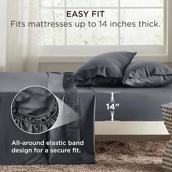 BEDSURE QUEEN SHEET SET – 4 PIECES SOFT QUEEN SIZE SHEETS – BREATHABLE & COOLING – HOTEL LUXURY – EASY CARE POLYESTER MICROFIBER BEDDING FOR WOMEN, MEN, DARK GREY