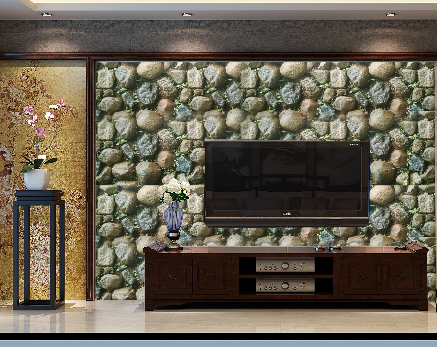 MICKYU 3D Removable Wall Stickers Imitation Pebble Waterproof PVC Self-adhesive Wallpaper Sticker for Living Room Bedroom Bar Restaurant Kitchen Decor 1.47 x 33 Ft