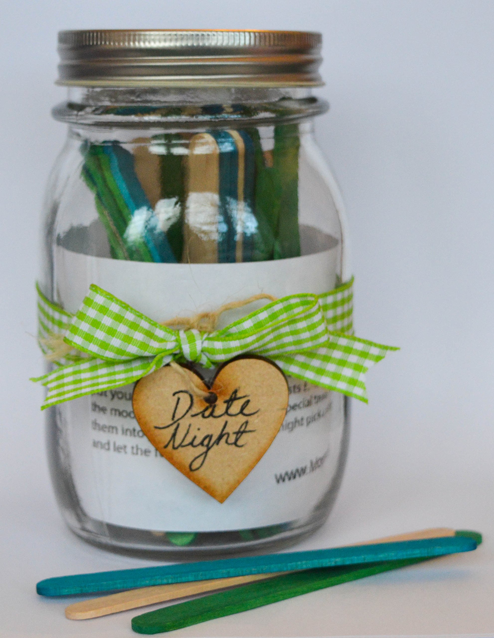 Moonlight Memories Date Night Jar - romance and fun for couples gift Green Ribbon with Green/Blue/Plain Sticks