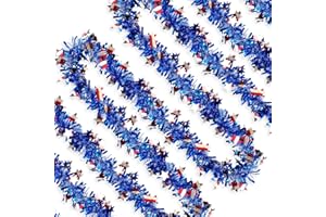 SPWOLFRT 4th of July Patriotic Tinsel Garland Decoration, 32 Ft Independence Day Patriotic Tinsel Garland Red Blue White Metallic Chunky Glitter Tinsel for Memorial Day Holiday Decor (Red Blue Silver)