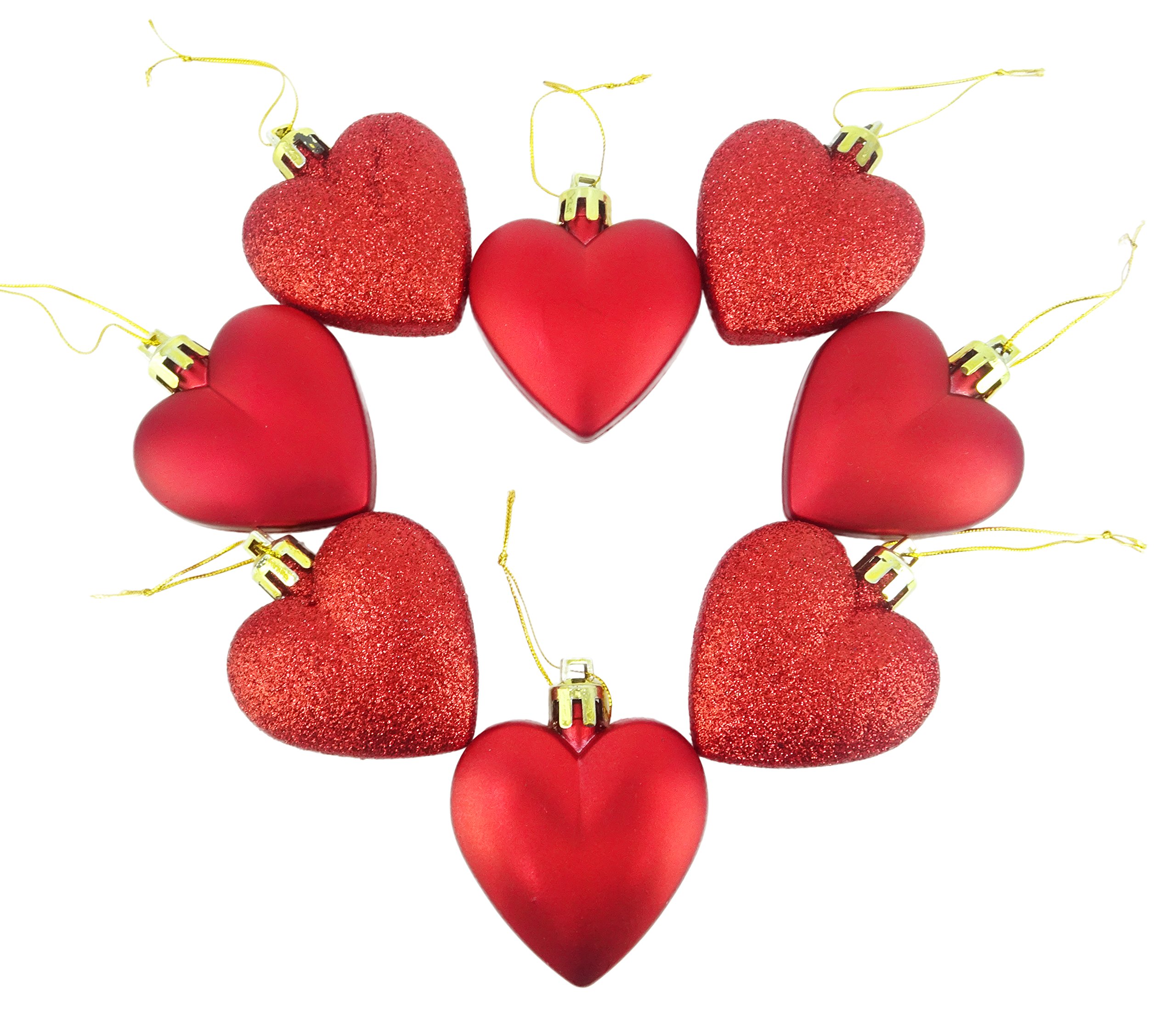Toyland® 8 x 5cm RED Glitter + Matt Heart Shaped Christmas Tree Baubles