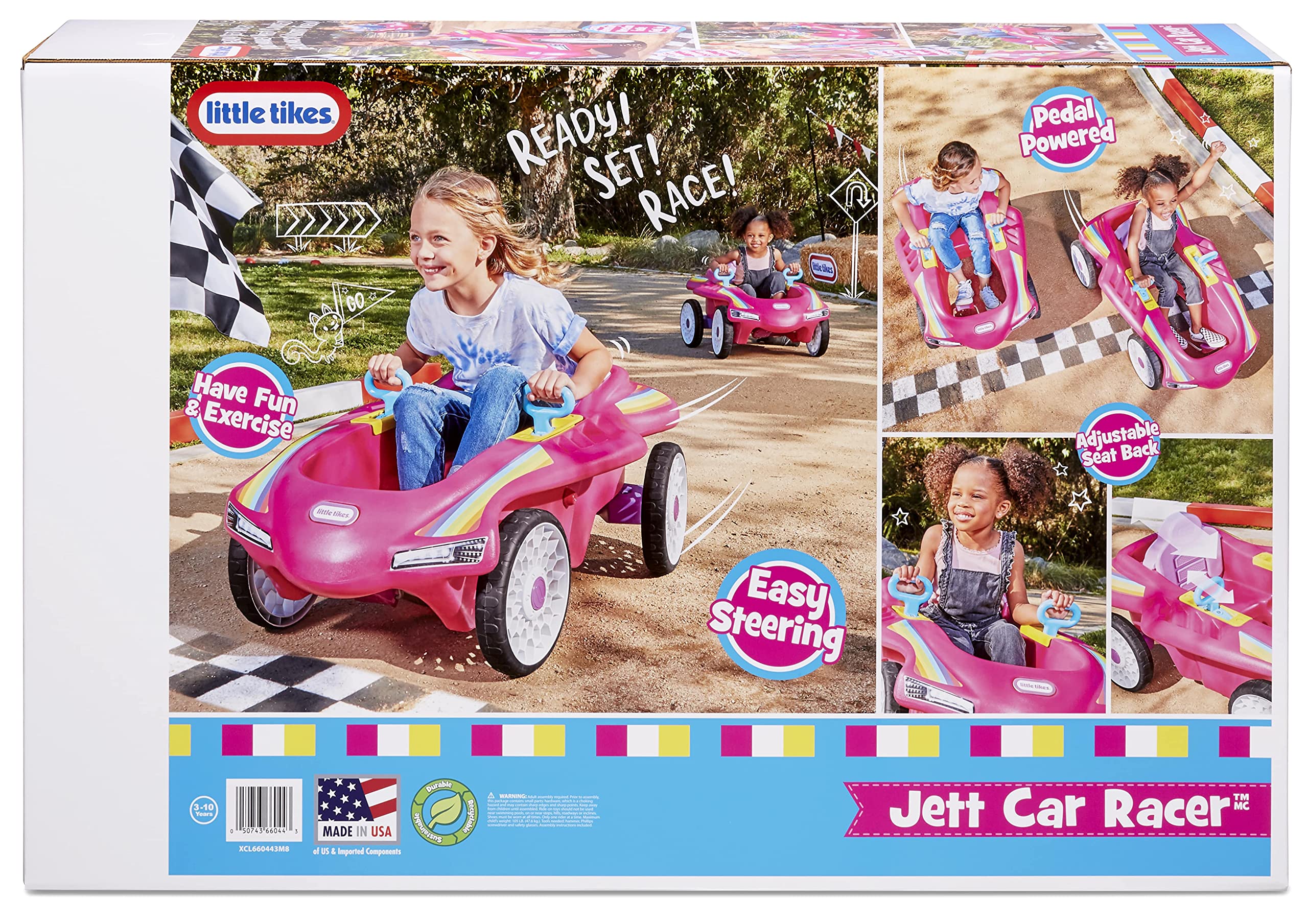 Little Tikes Jett Car Racer Pink, Ride On Car with Adjustable Seat Back, Dual Handle Rear Wheel Steering, Racing Control, Kid Powered Fun, Great Gift for Kids, Toys for Girls Boys Ages 3-10 Years, Large, Muticolor
