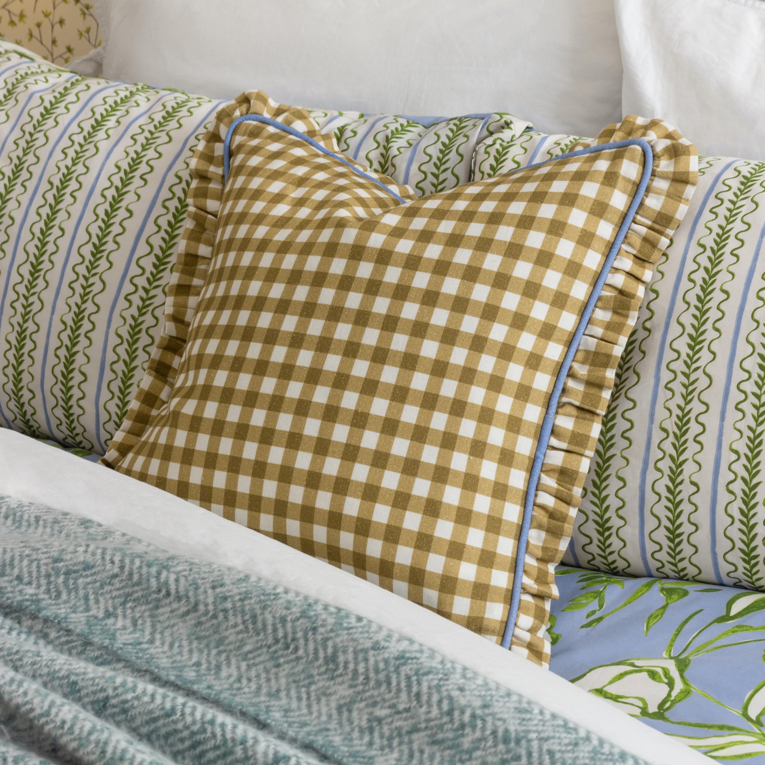 furn. Maude Gingham Cotton Piped Cushion Cover, Gold