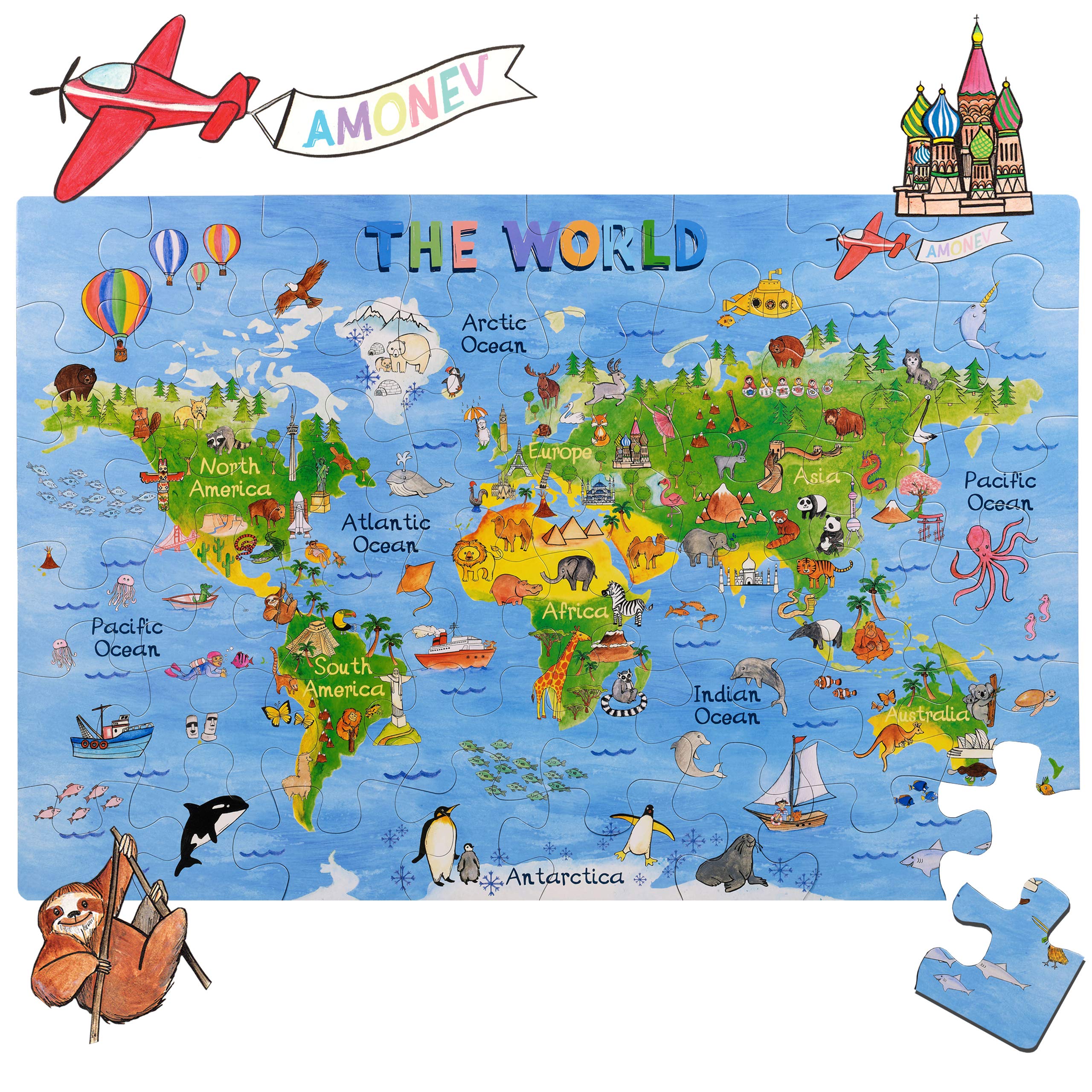 World Map Floor Puzzles With Extra Thick Pieces - Fun & Educational Map Of The World Jigsaw Puzzle, Includes 48 Pieces