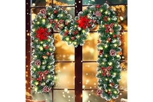 DOIOWN Christmas Garland with Lights,9Ft Prelit Christmas Garland for Mantle,100 LED Christmas Decorations Garland with Berries,Bows,Pine Cones,Flowers for Stairs Indoor Outdoor Decor Battery Operated