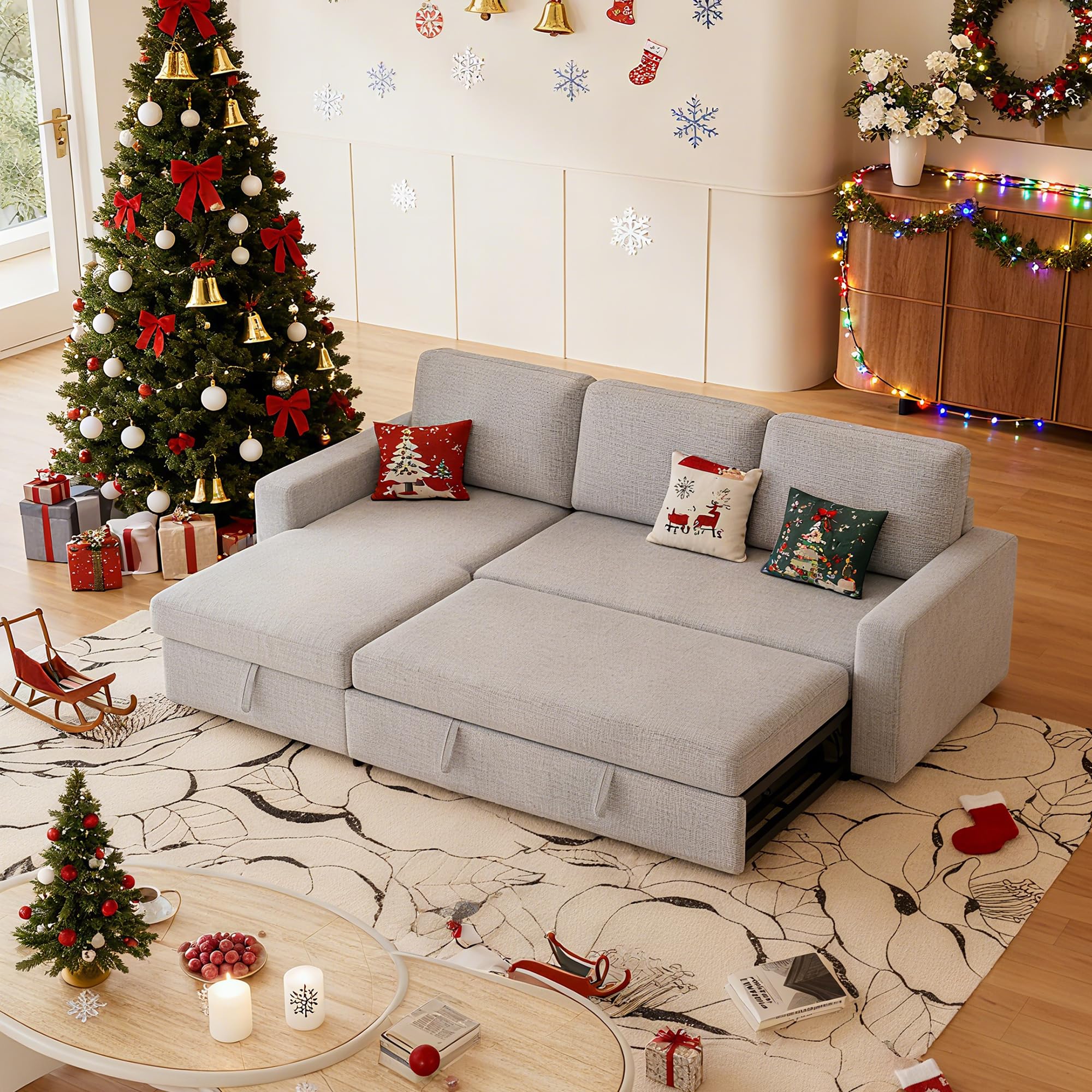 Photo 1 of **BOX 2 OF 2 ONLY, INCOMPLETE** FAVSH 81-Inch L-Shape Sectional Couch, 4-in-1 Multifunctional Pull-Out Couch Sleeper Sofa with Storage Chaise & Removable Back Cushions, for Living Room/Office/Apartment (Light Gray)