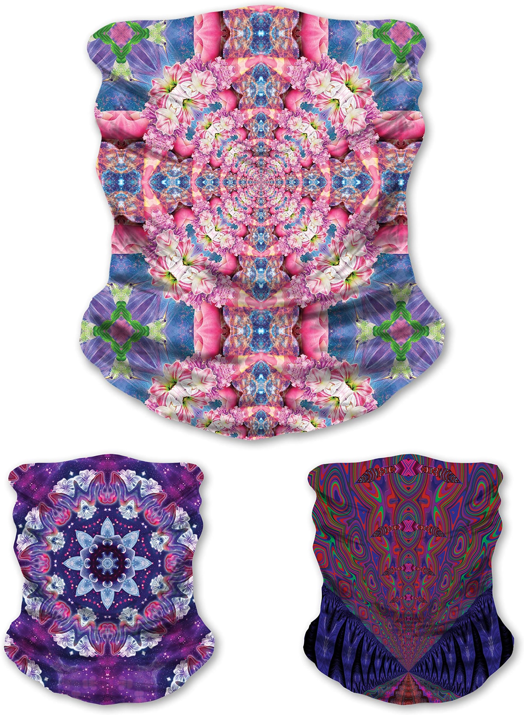 LUCID EYE Neck Gaiter 3 Pack, Flower Power Rave Series, Sun and Dust Protection Balaclava, Cool Stretchy Tube Scarf Bandana Face Cover for Festival, Fishing, Cycling, Hiking, Running, Outdoors