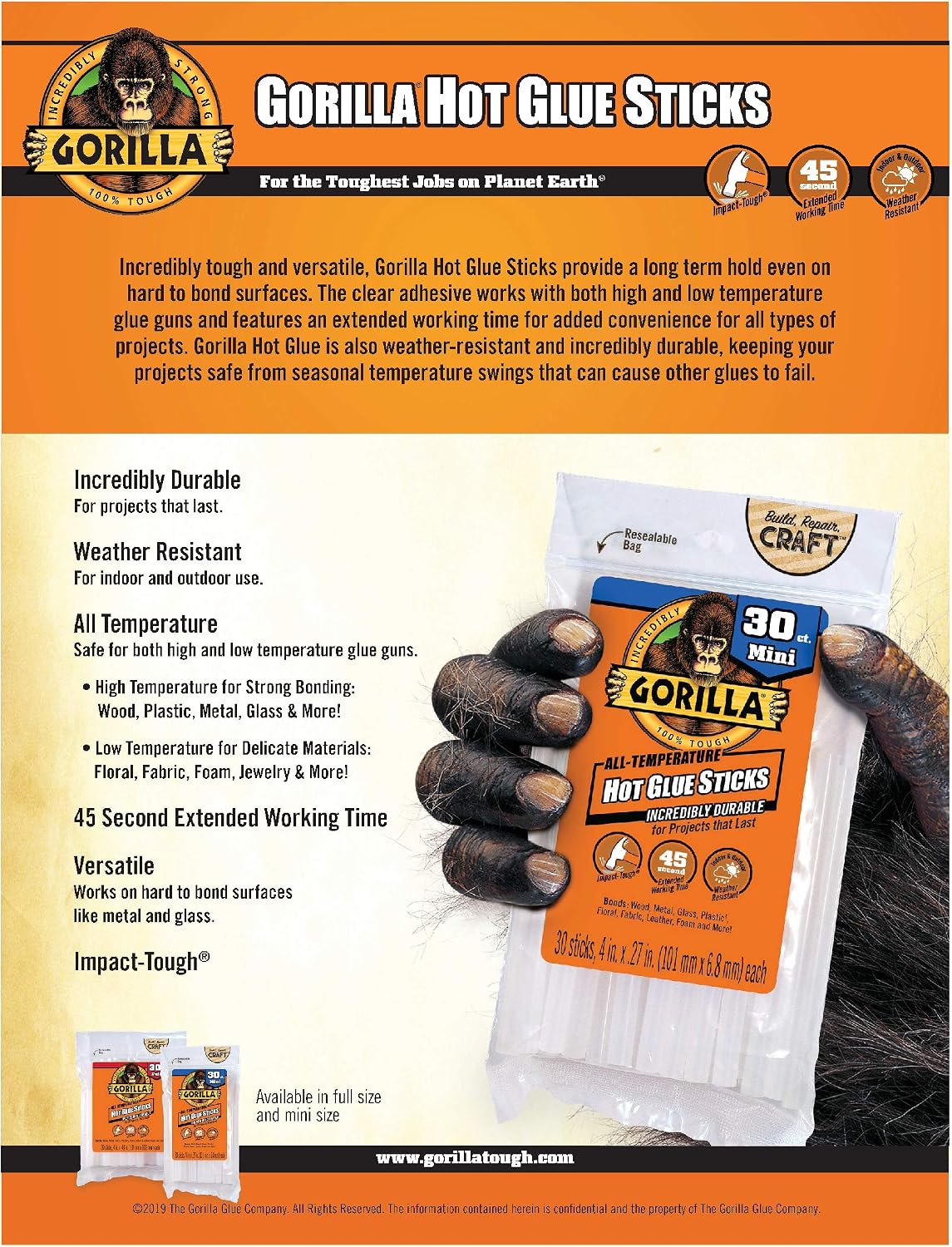 Gorilla 3023003 Hot Glue Sticks 4 In. Mini Size, 30Count, Orange, 1 Pack - Image 5