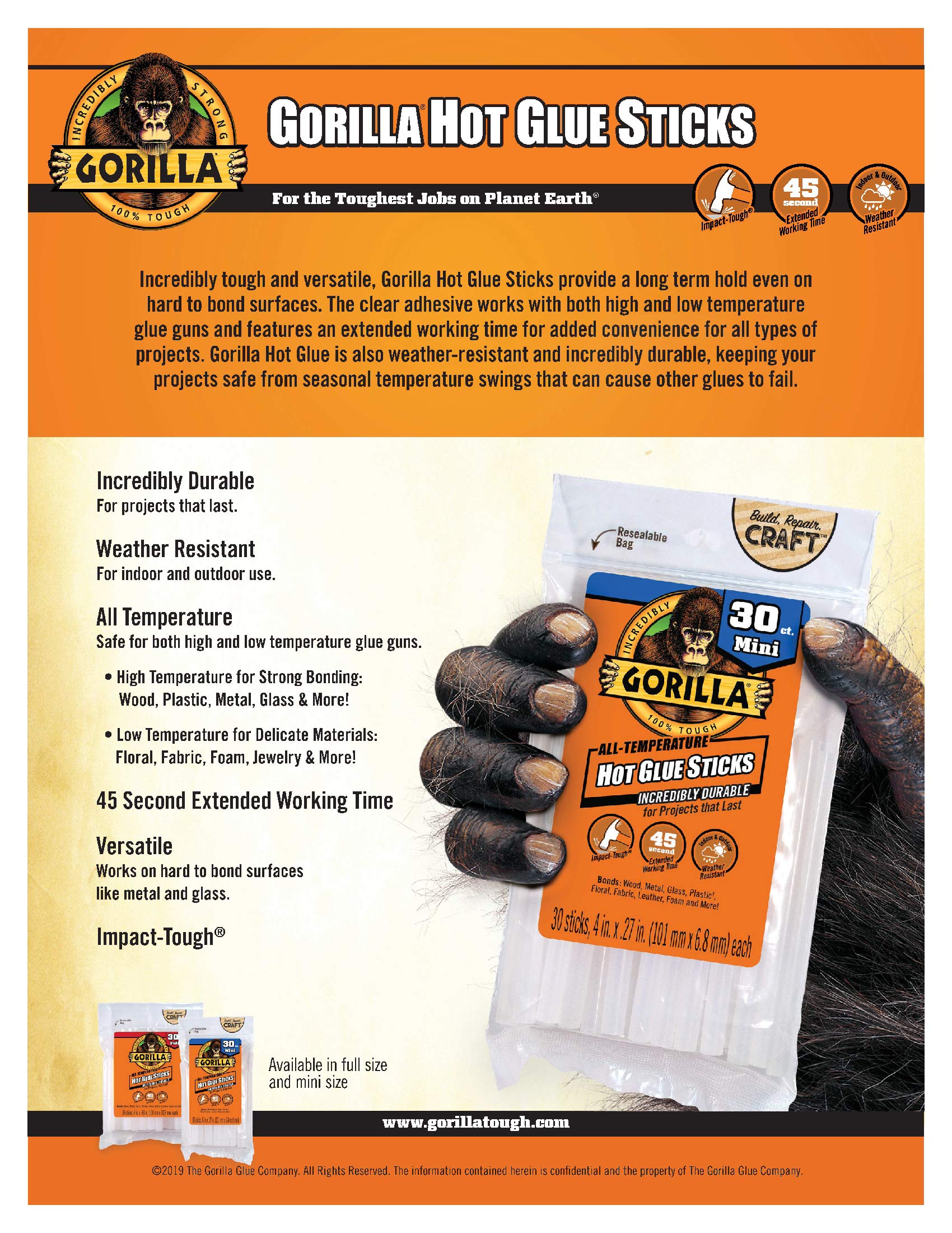 Gorilla Hot Glue Sticks, Mini Size, 4" Long x .27" Diameter, 30 Count
