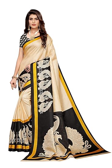 Sarees For Women Black Color Khadi Silk Printed Saree With Blouse Piece(MADHVI-BLACK_Free Size)