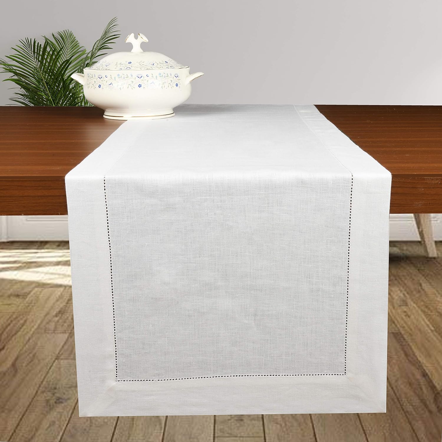 D'Moksha Homes 100% Pure Linen Table Runner/Dresser Scarf - 14 x 90 Inch, Handcrafted from European Flax, Machine Washable, Classic Hemstitch - White: Home & Kitchen