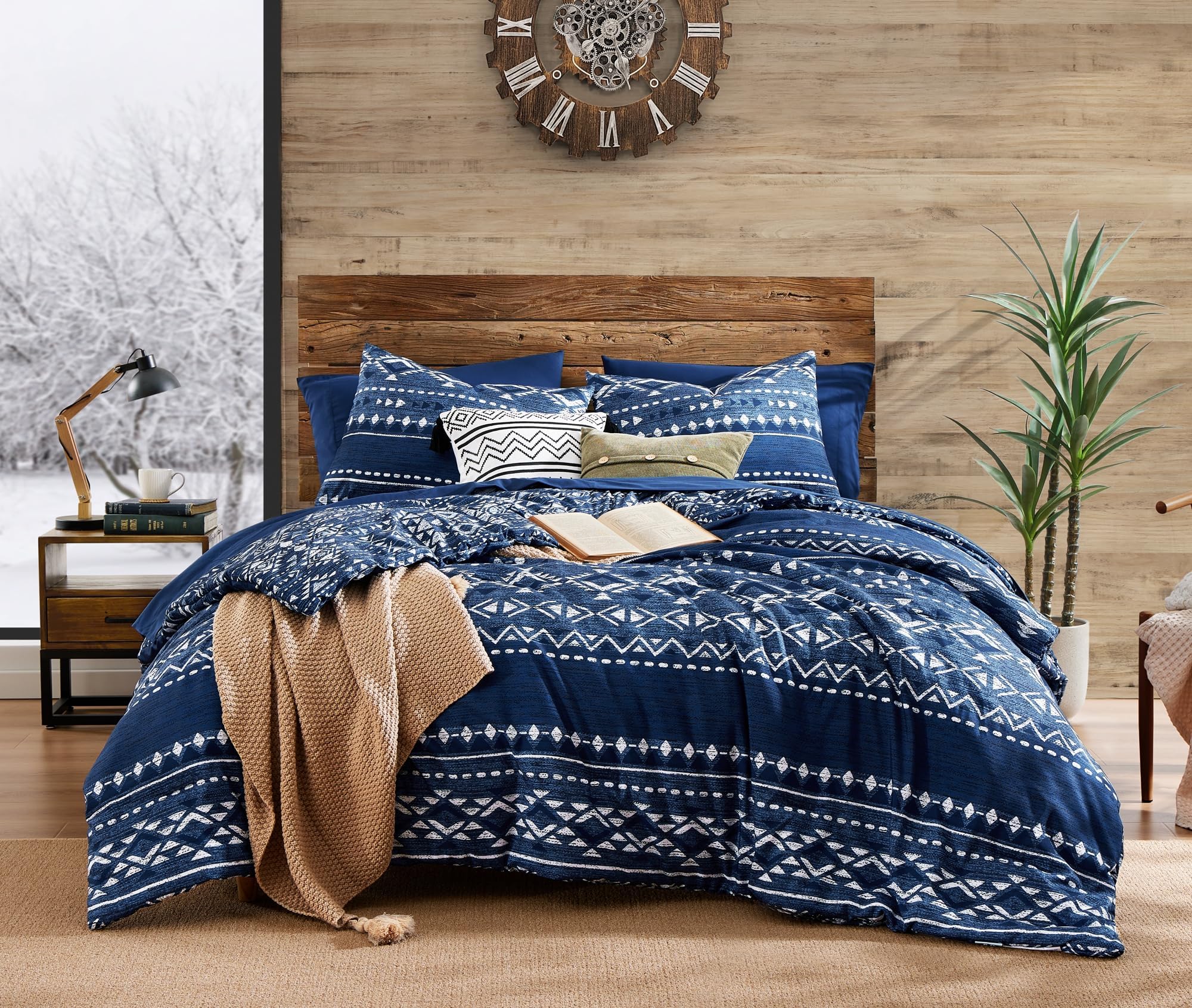 Photo 1 of Geniospin King Size Comforter Set - 7 Pieces Comforters King Size, Warm Fluffy Boho Bedding Sets for All Seasons, Bed in a Bag with Flat Sheet and Fitted Sheet, Pillowcase & Sham (Blue, 102''x90'')