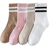 YUWELL Womens Striped Crew Socks, Cotton Cozy Casual Socks for Women 4 Pairs, Size 5-10