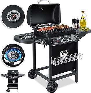 Kesser® Gasgrill mit 2 Hauptbrenner | 1 Seitenbrenner | Emaillierte Roste | Ablagekorb | Fettauffangschale | Grillwagen Gartengrill BBQ | Thermometer | Edelstahl/Stahl (pulverbeschichtet, Schwarz