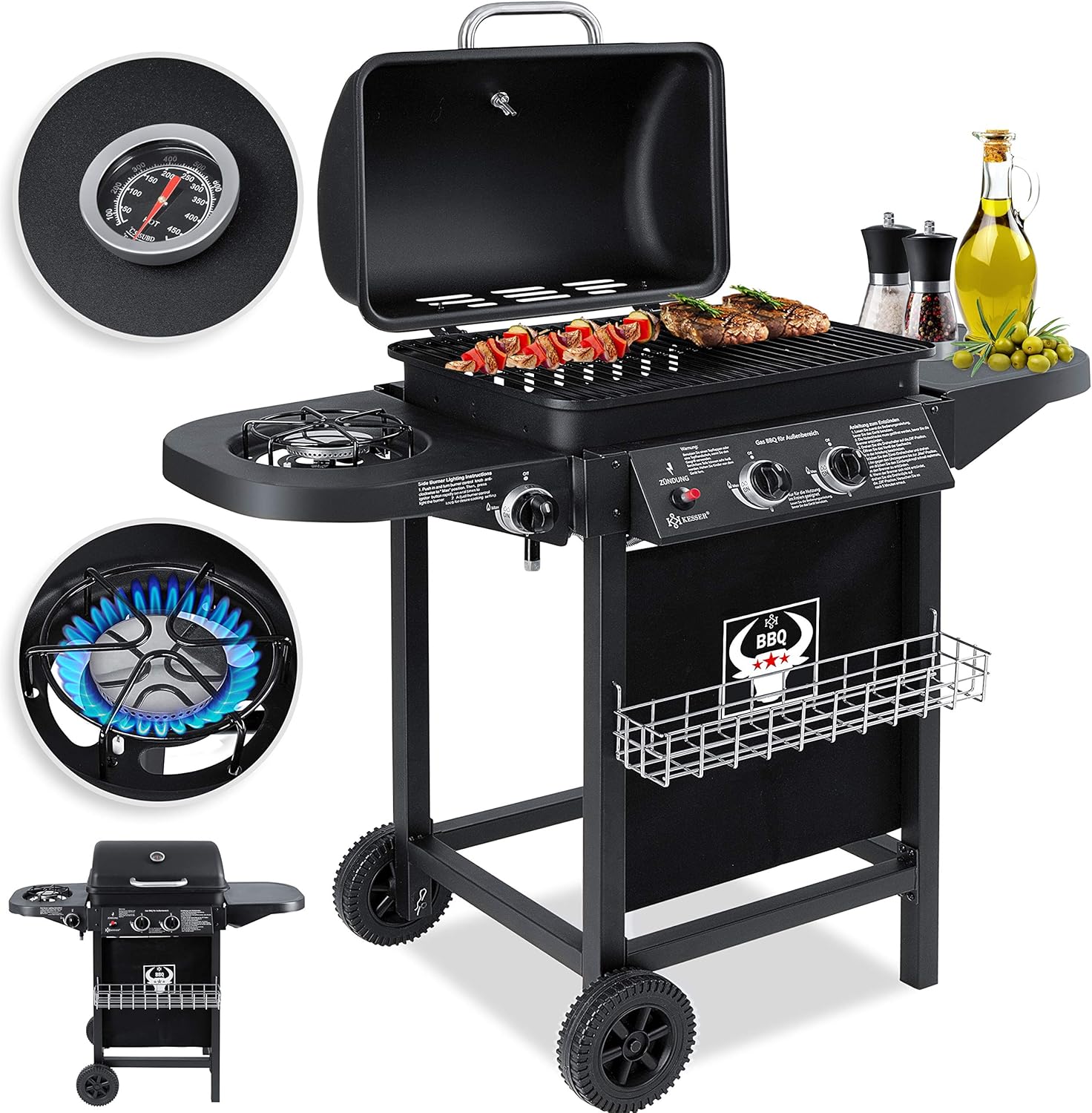 Kesser® Gasgrill mit 2 Hauptbrenner | 1 Seitenbrenner | Emaillierte Roste | Ablagekorb | Fettauffangschale | Grillwagen Gartengrill BBQ | Thermometer | Edelstahl/Stahl (pulverbeschichtet, Schwarz
