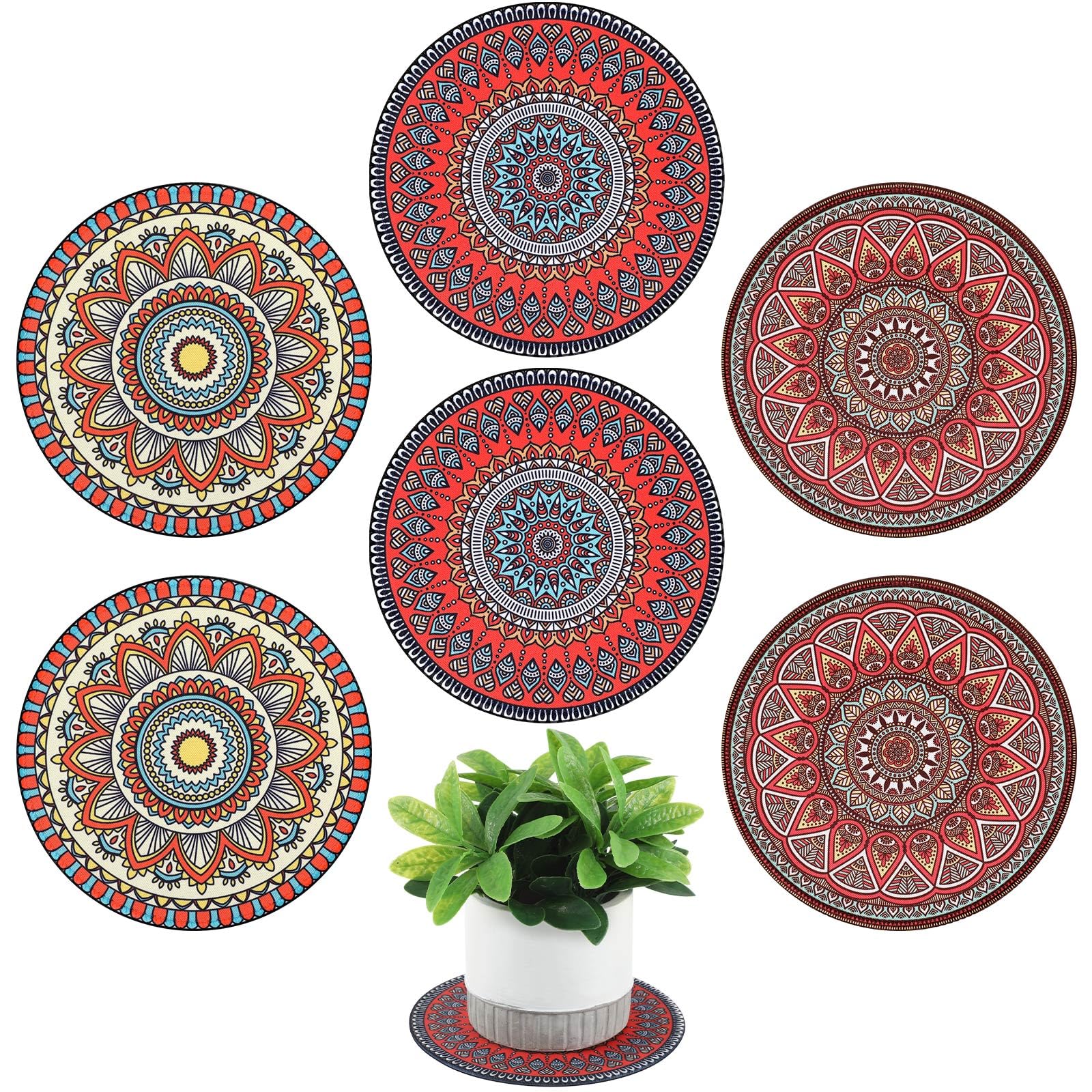 Photo 1 of Nuanchu 6 Pcs Boho Plant Pot Mat Absorbent Non Slip Pot Plant Pad Round Plant Coaster Mat Gardening Indoor Outdoor Flower Plant Protect Mat for Table Desk Floor Plant, 5.9 Inches (Elegant Style)