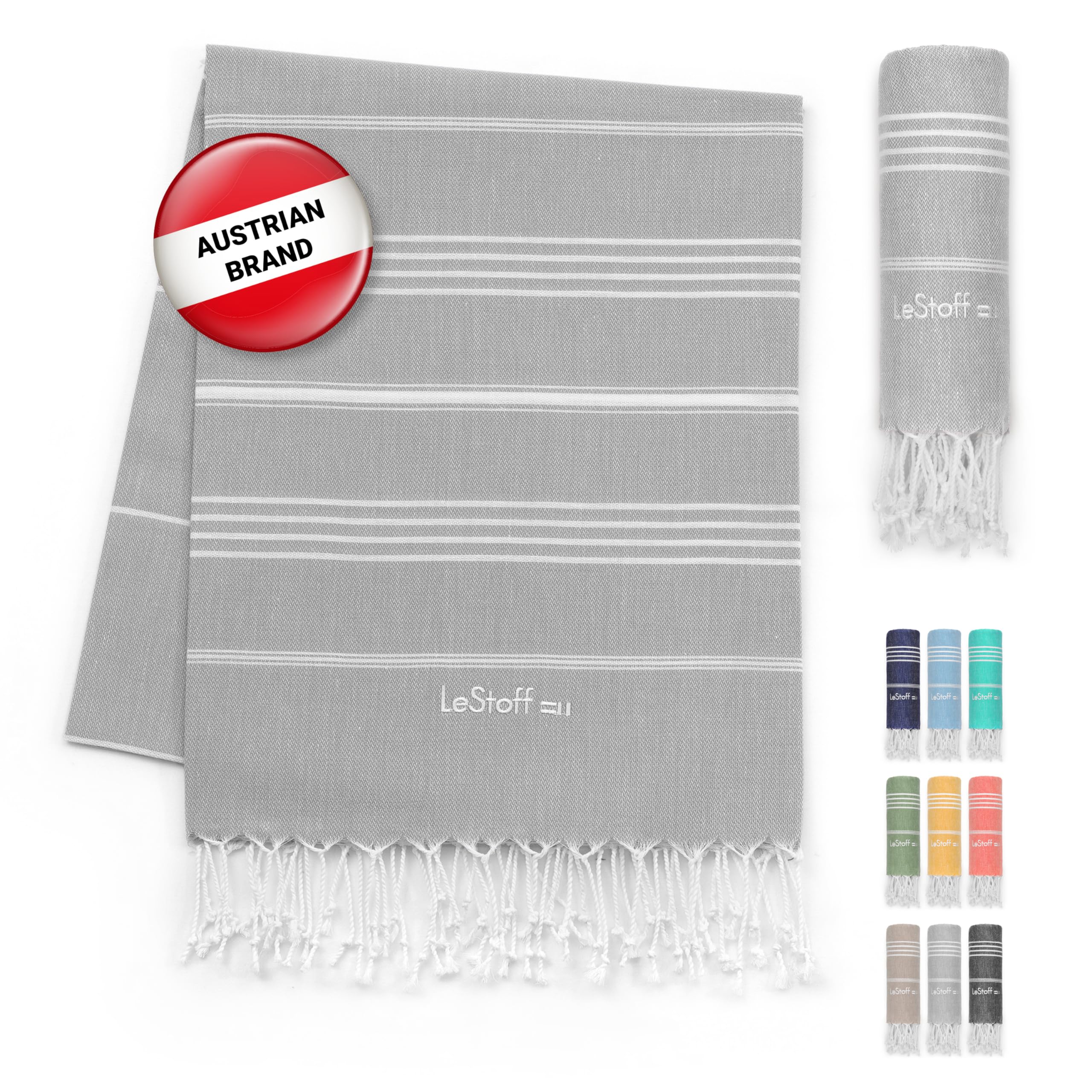 LeStoff Premium Hammam Towel - 100% Organic Cotton - Pre-washed Sustainable Absorbent & Quick-drying - Beach, Bath, Shower, Yoga, Spa & Travel Towel (200 x 200 cm Grey)