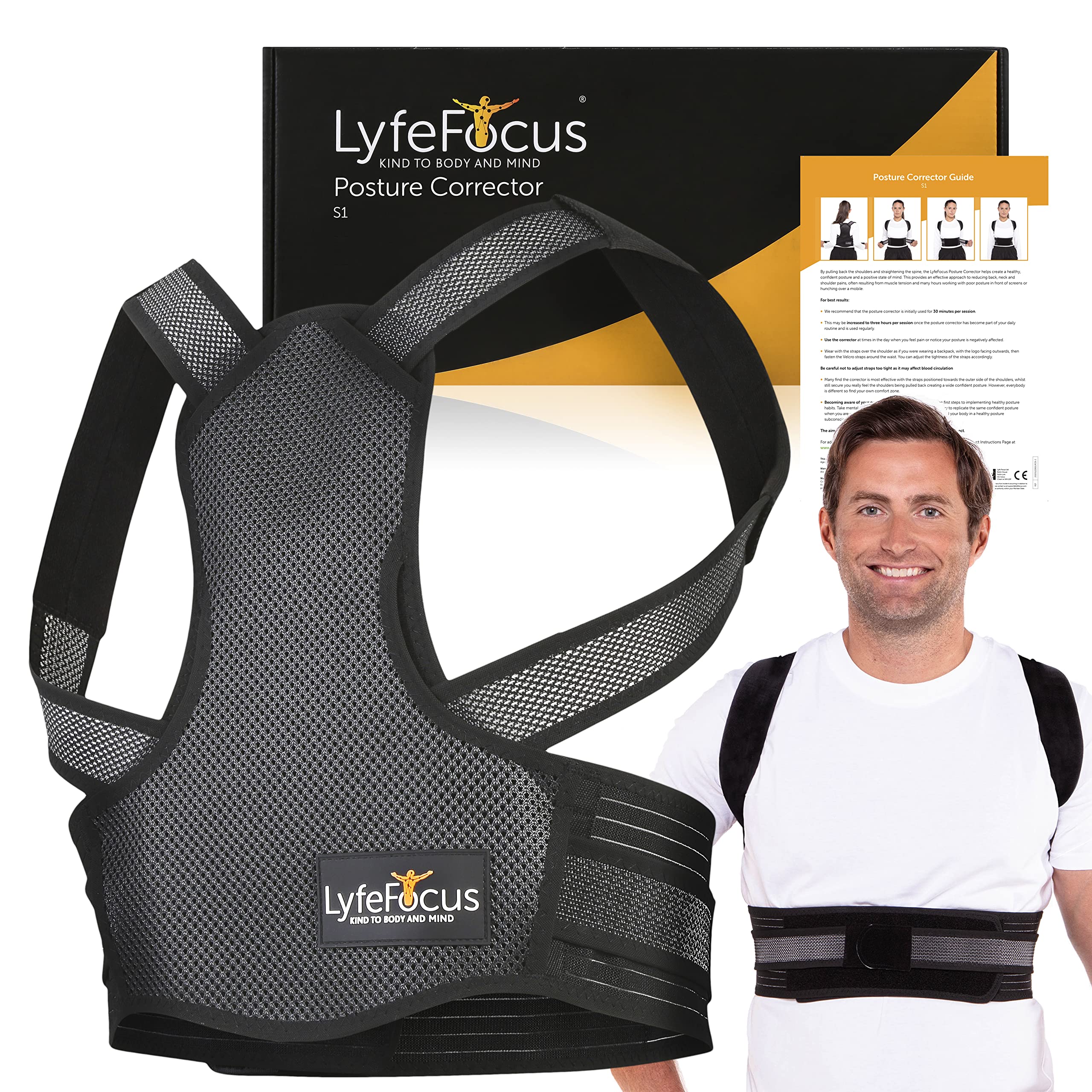 LyfeFocus S1 Premium Breathable Back Posture Corrector for Men & Women - Upper Back Support, Back Brace & Straightener - Effective Posture Correction for Neck, Shoulder & Back Pain (Black, Large)