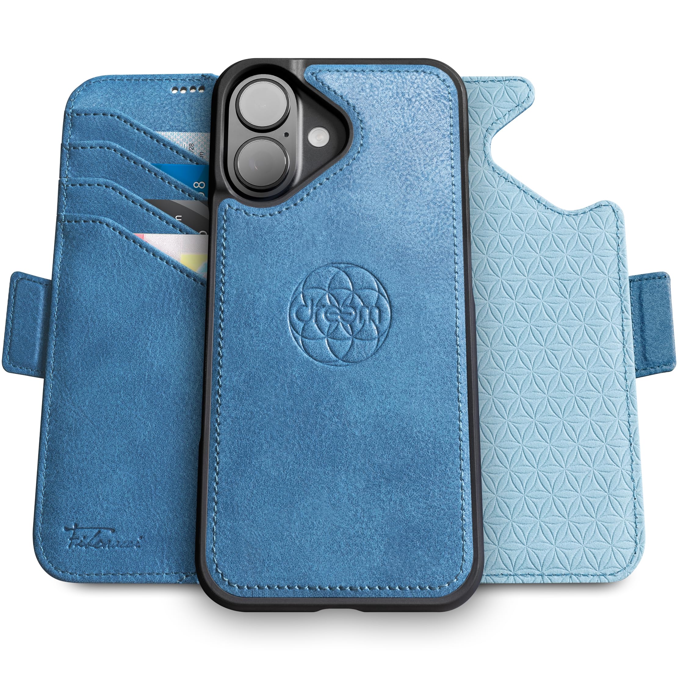 dreem Wallet Case for iPhone 16, Revolutionary Vert/Hor Phone Stand, Magnetic Detachable Vegan Leather Flip Cover RFID Blocking Card Holder, MagSafe-Fit, Gift Box [Fibonacci: Slate]