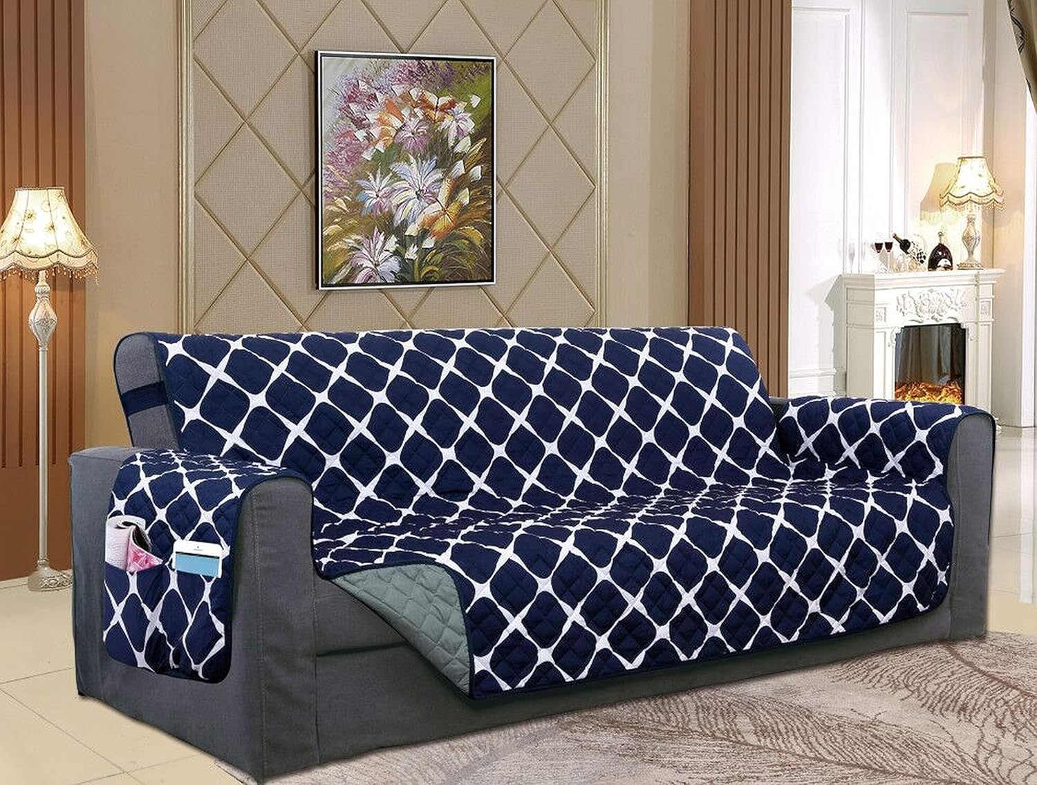 elegant comfort luxury bloomingdale pattern reversible 2 tones quilted furniture protector slipcover elastic straps oversized sofa navy gray