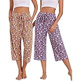 Kabento 2 Pack Womens Pajama Pants Capri Sleep Lounge Pants Drawstring Pj Bottoms with Pockets