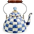 MACKENZIE-CHILDS Enamel Tea Kettle, Stylish Tea Kettle for Stovetop, Blue-and-White Royal Check, 3 Quarts